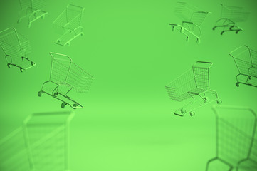 Concept of shopping cart trolley on green background with some copy space. 3d render