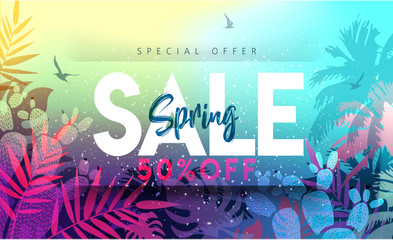 Spring Sale Floral Banner. Paper cut Floral card. Blossom. Happy Women's Day. 8 March. Text. Seasonal holiday. Spring Sale Poster, voucher discount. Memphis style spring summer flyer easy editable.