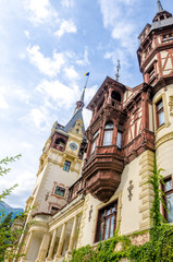 Peles Castle view of the facade in Sinaia town of Romania on a sunny summer day