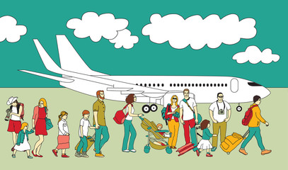 Obraz premium Crowd travel walking people family plane and sky.