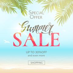 Summer sale banner with text, beach, sea, sun, waves and palm leaves. Vector travel background for flyers and newsletters with discount offers. File contains clipping mask.