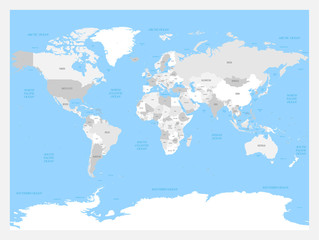 Light grey political World map on solid blue background. Vector illustration.