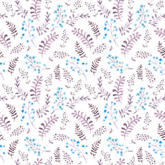 Cute repeat pattern with naive flowers and leaves. Watercolor 