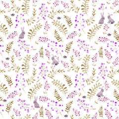 Rabbit animal and ladybugs in flowers and wild meadow. Repeating cute ditsy pattern. Vintage watercolor drawings