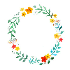 Floral circle wreath with cute flowers. Watercolor hand painted border