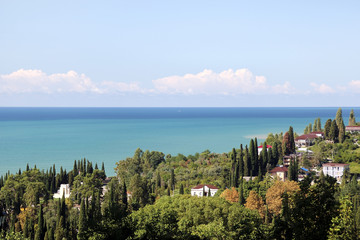 View of the seaside town, sea and sky