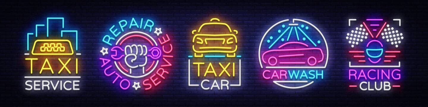 Set logos in neon style Transportation. Design Template, Neon Signs Collection, Auto Service, Garage, Racing Club, Car Wash, Taxi Service, Repair Car. Night light advertising. Vector illustration