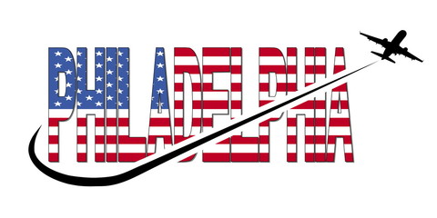 Obraz premium Philadelphia flag text with plane silhouette and swoosh illustration