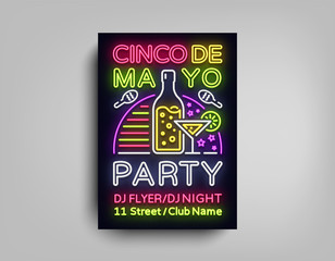 Cinco De Mayo Poster in neon style. Design Template Flyer invitation to celebrate Cinco de Mayo, brochure neon style banner light, typography Mexican Fiesta celebration party. Vector illustration