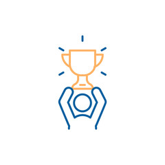 Character male holding trophy. Vector trendy thin line icon illustration design. Winning, success, achievement. Business, sports, personal achievements.
