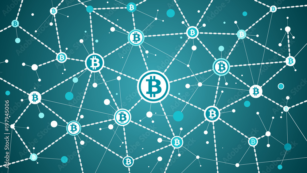 Poster bitcoin crypto currency and blockchain on blue background bitcoin transactions and blocks
