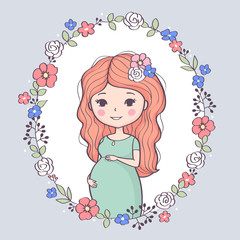 Cute pregnant woman. Happy mom expecting baby, young smiling woman waiting for baby. Vector illustration.