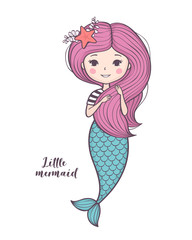 Cute little mermaid. Beautiful cartoon mermaid girl with pink hair, character design, isolated on white background. Vector illustration.