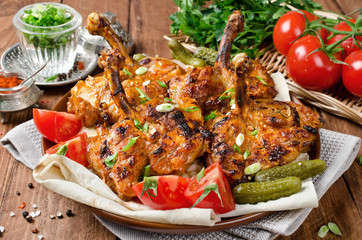 Chicken kebab with pita bread, tomatoes and pickled cucumbers