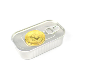 Coin bitcoin and conserves on a white background. Isolated.