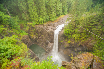 Elk Falls, Wasserfall im gleichnamigen Provincial Park in British Columbia, felsiges Flussbett führt durch den Regenwald, vorherschende Farbe graubraun und grün.
