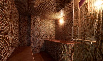 Interior of luxury turkish bath hammam. Traditional Turkish bathroom. Classic Turkish sauna hammam - obrazy, fototapety, plakaty