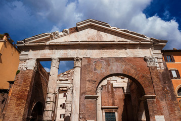 Obraz premium Porticus Octaviae ancient ruins at the enter of the old Jewish Ghetto, in the historic center of Rome