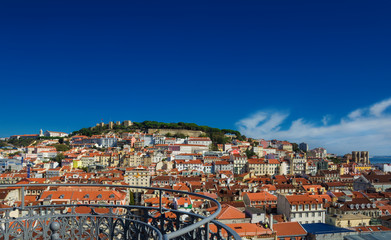 Fototapeta premium View of Lisbon historic center from the old Santa Justa Lift (with copy space above)