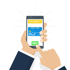 Digital mobile wallet payment concept - hand holding mobile phone with credit card icon on the touchscreen. Internet banking. Wireless money transfer. Flat design, vector illustration on background.