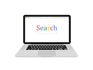 Computer laptop, browser window and ranking sites in search results of web search engine. Search engine. Flat design, vector illustration on background.