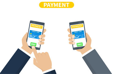 Digital mobile wallet payment concept - hand holding mobile phone with credit card icon on the touchscreen. Internet banking. Wireless money transfer. Flat design, vector illustration on background.
