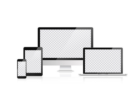 Electronic devices, web design vector template with laptop, tablet, smartphone, computer. Flat design, vector illustration on background.