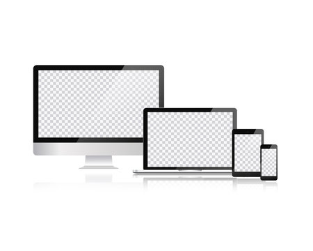 Electronic devices, web design vector template with laptop, tablet, smartphone, computer. Flat design, vector illustration on background.