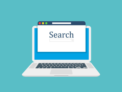 Computer laptop, browser window and ranking sites in search results of web search engine. Search engine. Flat design, vector illustration on background.