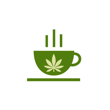 Logo of coffee shop. Leaf of cannabis on cup. Cannabis herbal tea and marijuana leaves. Icon Logo Template. Health and Medical therapy. Isolated vector illustration on white background.