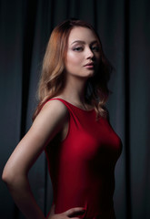 Fototapeta premium Charming brunette in a red dress posing on a black background.