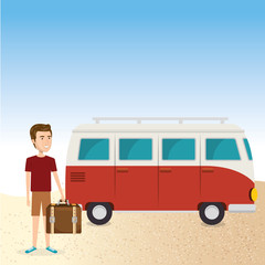 young man in the beach with suitcase and car vector illustration design