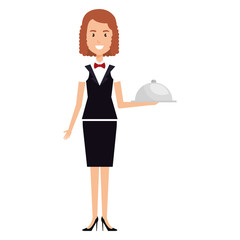 woman waiter with tray avatar character vector illustration design