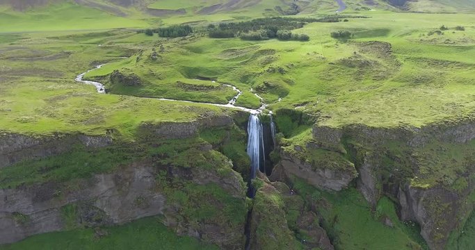 Aerial shot of Icelandic waterfall. 4k footage of waterfall.