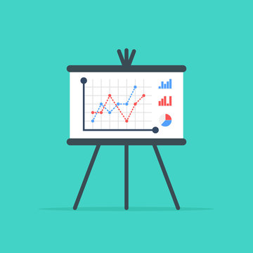 Business presentation board. Flip chart with growing graph, diagram. Report screen with market data statistics business strategies. Flat design, vector illustration on background.