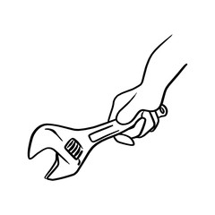 hand holding wrench vector illustration sketch hand drawn with black lines isolated on white background
