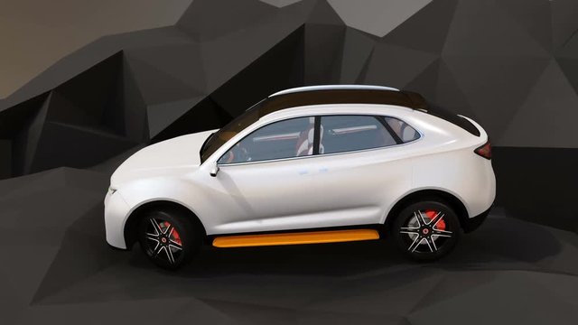 White electric SUV driving on geometric hard surface ground. 3D rendering animation
