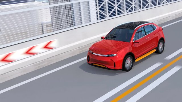 Metallic red autonomous electric SUV driving on the highway. 3D rendering animation.