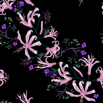 Floral seamless pattern with pink lily flowers. Vector motifs for fabric print and embroidery.