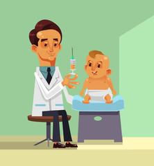 Profession medicine doctor character making vaccination immunization injection vaccine agains flu to child. Epidemic virus. Vector flat cartoon illustration