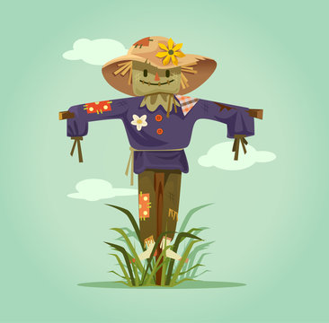Happy smiling scarecrow character. Vector flat cartoon isolated illustration
