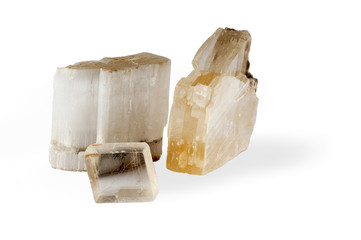 specimen of natural minerals isolated on white background. Gypsum-selenite, transparent gypsum,...