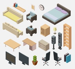 Isometric low poly elements of bedroom and living room big set