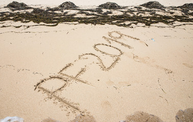 Sand photo written words and numbers on the beach with waves