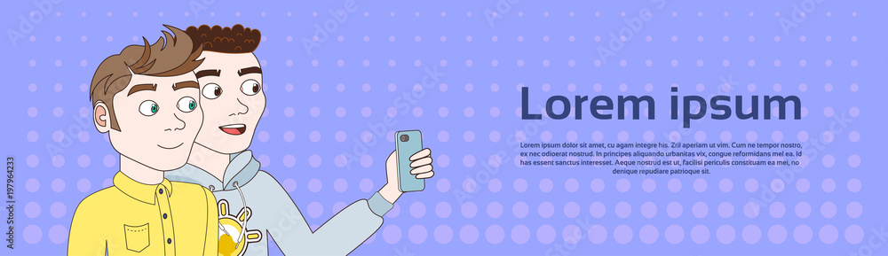 Poster two casual guys take selfie with smart phone over background with copy space horizontal banner vecto