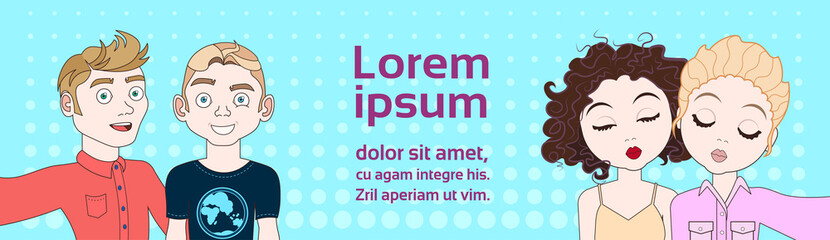 Group Of Young People Take Selfie Photo Using Smart Phone Horizontal Banner Vector Illustration