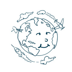 Planet Doodle With Cute Cartoon Face On White Background Earth Day Concept Vector Illustration