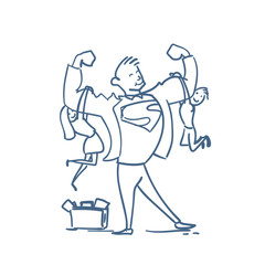 Doodle Strong Father Holding Children Son And Daughter Hand Drawn Isolated On White Background Vector Illustration