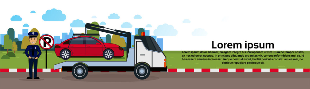 Car In Towing Away Zone Of Parking Vehicle Evacuation View Horizontal Banner Flat Vector Illustration