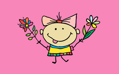 Cute cartoon girl with flowers. Children illustration. T-shirt graphic. cartoon character.